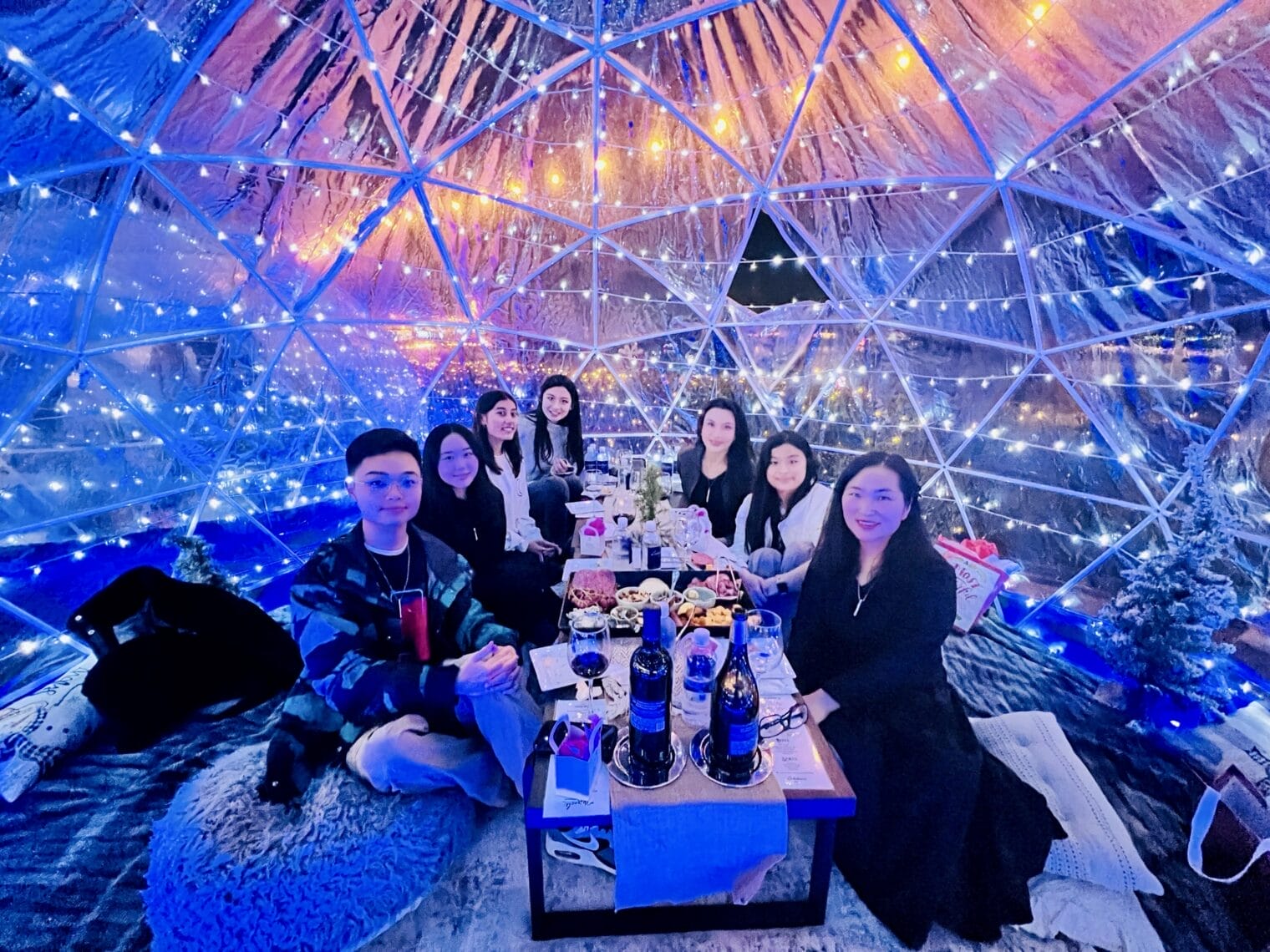 About | curaJOY A group of people sit around a table with food and drinks inside a transparent dome decorated with blue lights, sharing laughter and celebrating emotional wellnessāan experience inspired by curajoy.