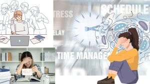 Homepage | curaJOY A collage depicting stress: Real Human Beings watch a worried person at a laptop, while a woman holds a “HELP” sign at her desk and another sits overwhelmed by clocks and schedule-related words—a stark contrast to the impersonal Grade Machine.