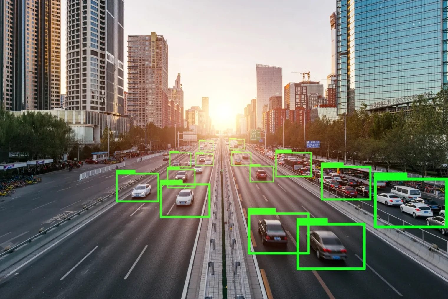 A busy multi-lane city highway with numerous cars, each annotated with green rectangles, surrounded by tall buildings at sunset.